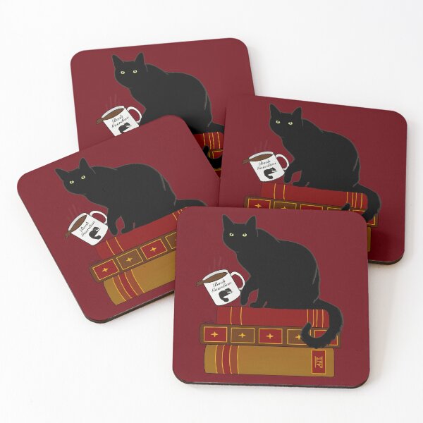 Item preview, Cat Book Guardian - Black Kitty Guarding Books -  Black Cat Book Guardian - Rosewood Background designed and sold by EcoElsa.