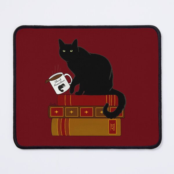 Item preview, Cat Book Guardian - Black Kitty Guarding Books - Black Cat Book Guardian - Rosewood Background designed and sold by EcoElsa.