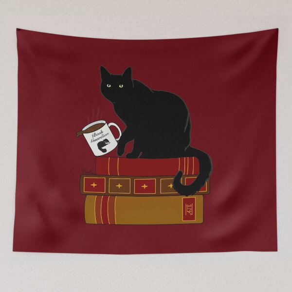 Item preview, Cat Book Guardian - Black Kitty Guarding Books -  Black Cat Book Guardian - Rosewood Background designed and sold by EcoElsa.