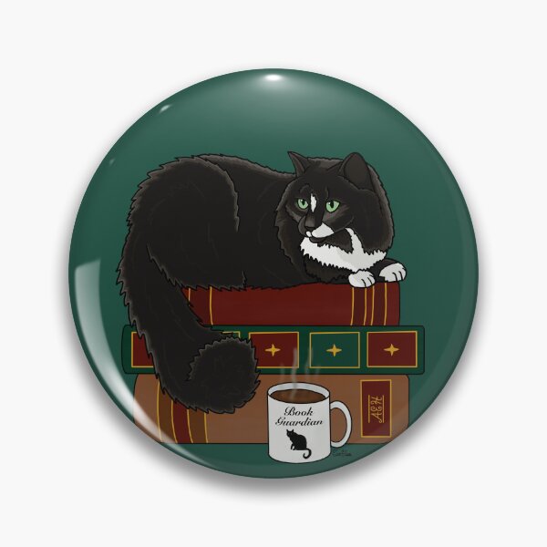 Item preview, Cat Book Guardian - Fluffy Black Kitty Guarding Books -  Black Cat Book Guardian - English Green Background designed and sold by EcoElsa.