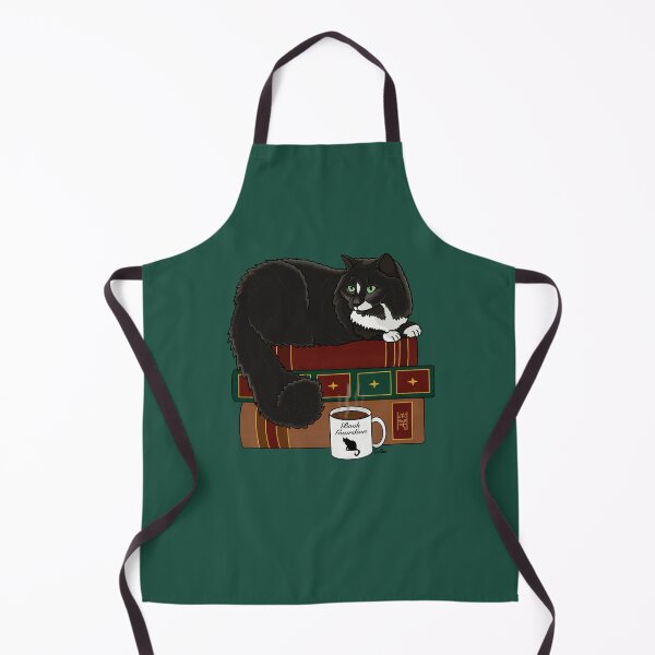 Item preview, Cat Book Guardian - Fluffy Black Kitty Guarding Books -  Black Cat Book Guardian - English Green Background designed and sold by EcoElsa.