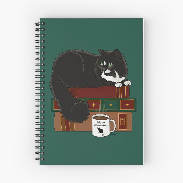 Item preview, Cat Book Guardian - Fluffy Black Kitty Guarding Books -  Black Cat Book Guardian - English Green Background designed and sold by EcoElsa.