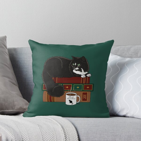 Item preview, Cat Book Guardian - Fluffy Black Kitty Guarding Books -  Black Cat Book Guardian - English Green Background designed and sold by EcoElsa.