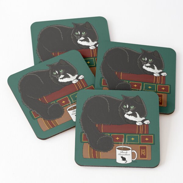Item preview, Cat Book Guardian - Fluffy Black Kitty Guarding Books -  Black Cat Book Guardian - English Green Background designed and sold by EcoElsa.