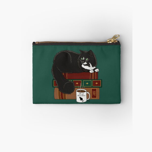 Item preview, Cat Book Guardian - Fluffy Black Kitty Guarding Books -  Black Cat Book Guardian - English Green Background designed and sold by EcoElsa.