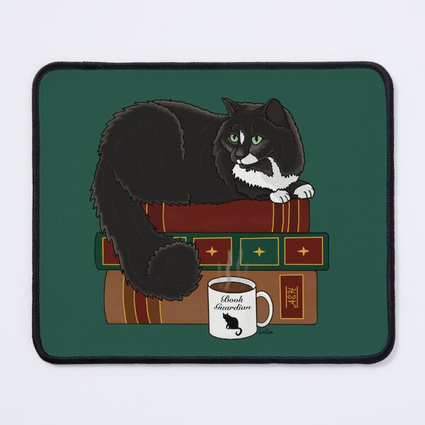 Item preview, Cat Book Guardian - Fluffy Black Kitty Guarding Books - Black Cat Book Guardian - English Green Background designed and sold by EcoElsa.
