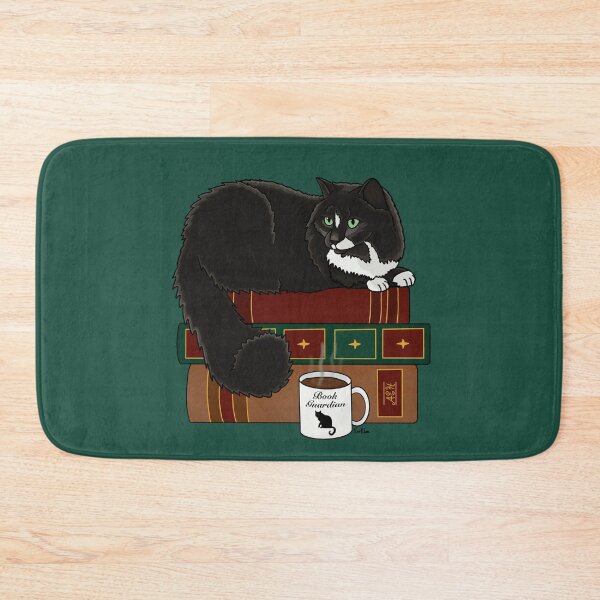 Item preview, Cat Book Guardian - Fluffy Black Kitty Guarding Books -  Black Cat Book Guardian - English Green Background designed and sold by EcoElsa.
