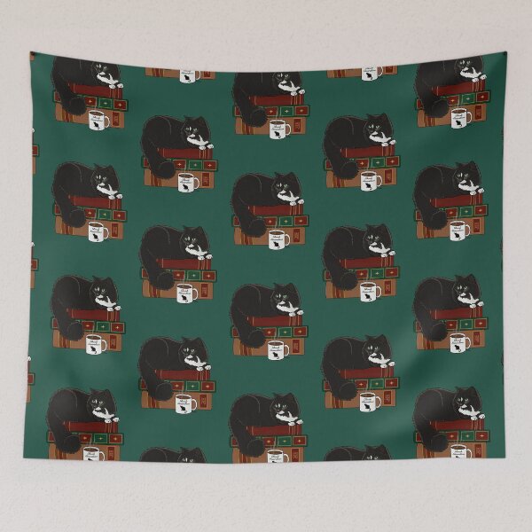Item preview, Cat Book Guardian - Fluffy Black Kitty Guarding Books -  Black Cat Book Guardian - English Green Background designed and sold by EcoElsa.