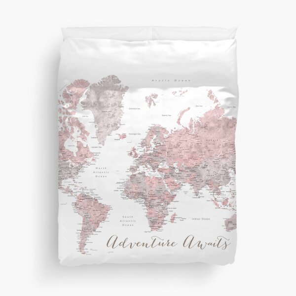 World map adventure awaits in dusty pink and grey Duvet Cover