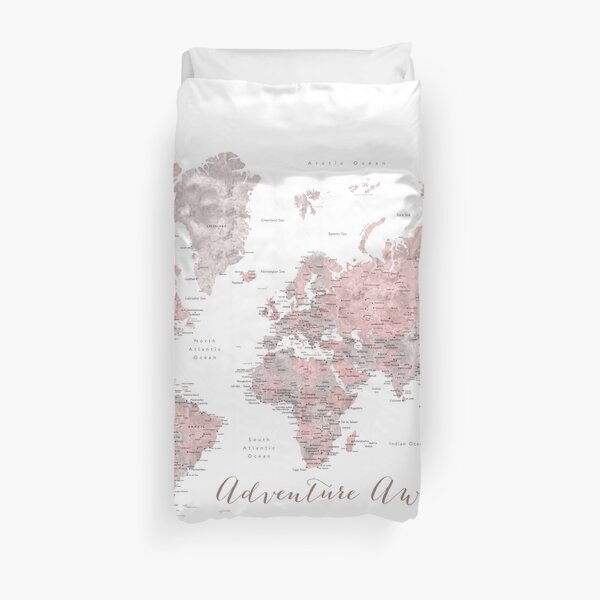 World map adventure awaits in dusty pink and grey Duvet Cover