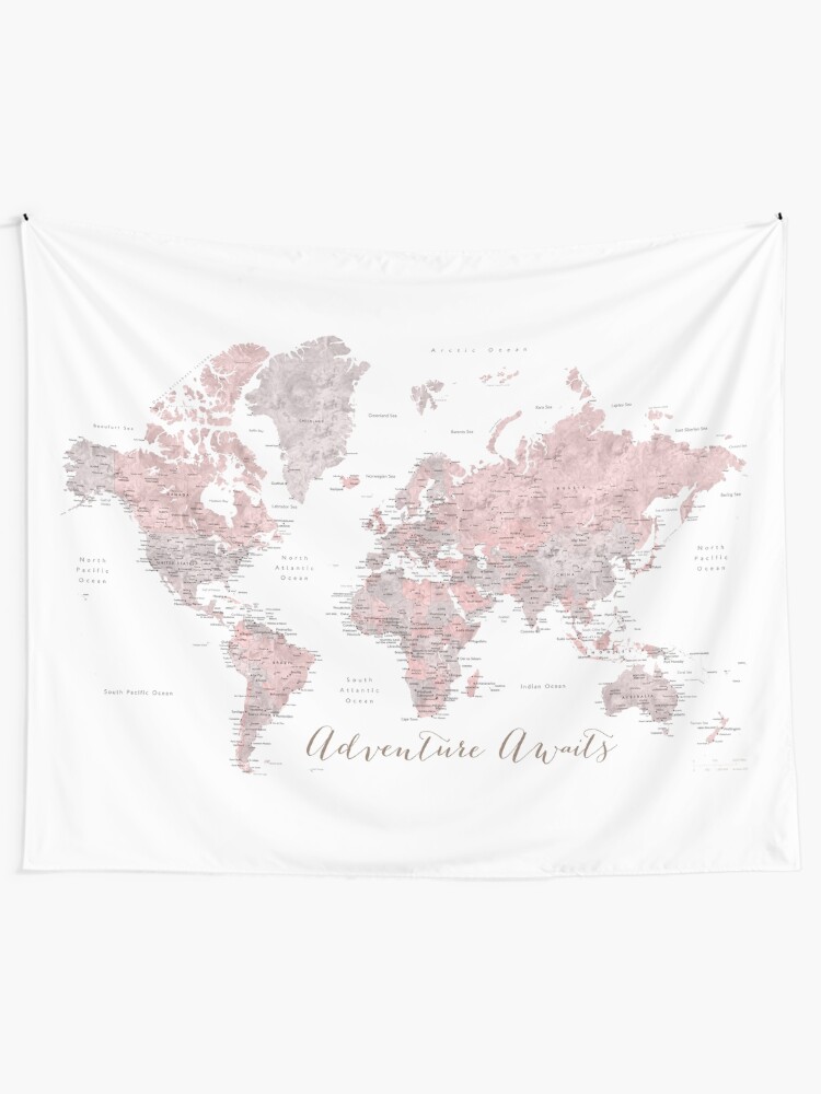 Alternate view of World map adventure awaits in dusty pink and grey Tapestry