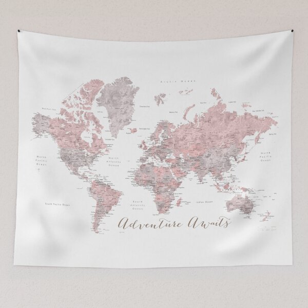Item preview, World map adventure awaits in dusty pink and grey designed and sold by blursbyai.