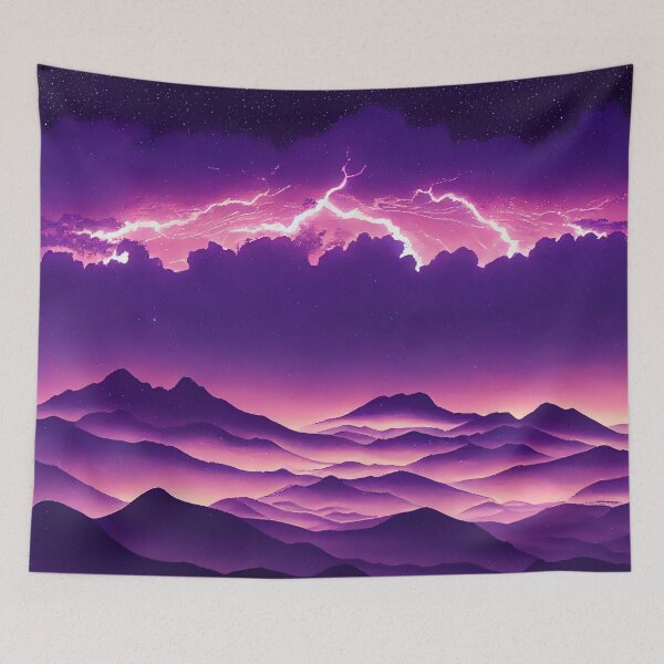 Item preview, Clouds and Lighning Bolts over Purple Mountains - Anime Landscape - Genshin Impact Symbol Element Electro Lightning - Inazuma designed and sold by Fregoulix.