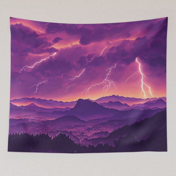 Item preview, Electro Storm and Lightning Bolts over Purple Mountains - Anime Landscape - Genshin Impact Symbol Element Electro Lightning - Inazuma designed and sold by Fregoulix.