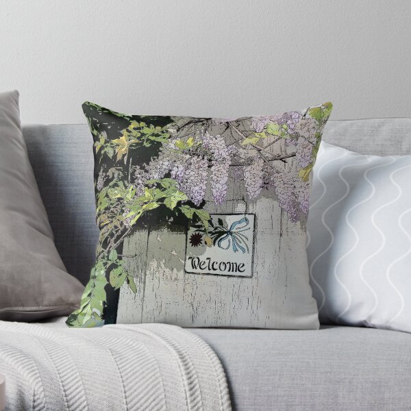 Vintage Welcome Wisteria Floral Throw Pillow