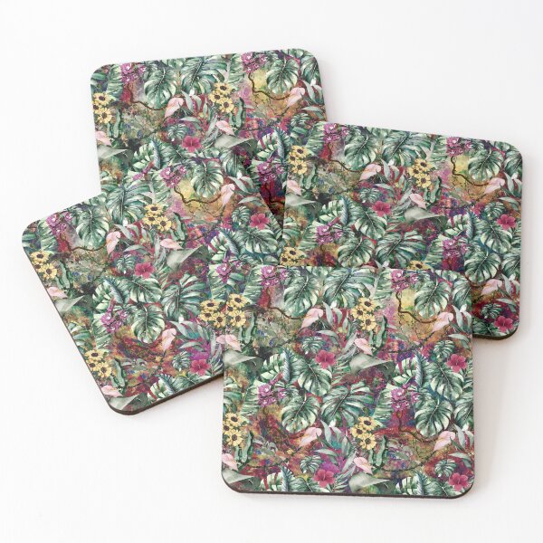 Item preview, Exotic turquoise forest, leaves and flowers tropical pattern, botanical illustration, multicoloured red floral illustration   designed and sold by ZeinabTaha.