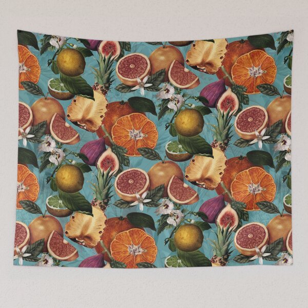 Item preview, Trendy blooming citrus pineapples fruits pattern, orange botanical illustration, blue turquoise floral illustration    designed and sold by ZeinabTaha.