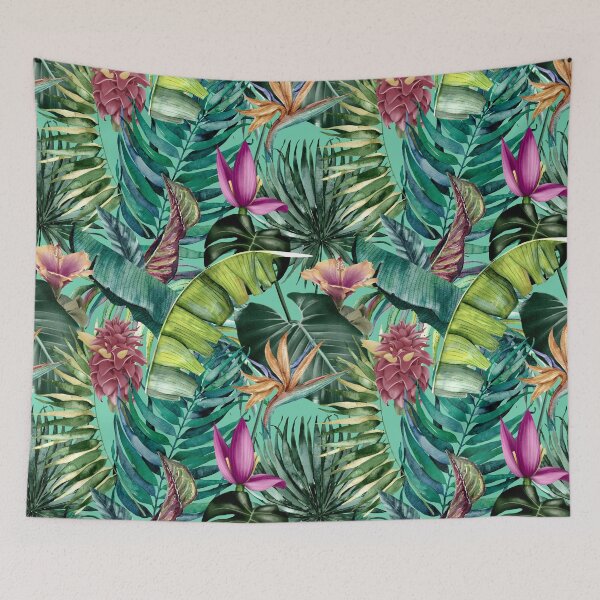 Item preview, Exotic tropical blooming forest, leaves and flowers tropical pattern, botanical illustration, green mint floral illustration   designed and sold by ZeinabTaha.