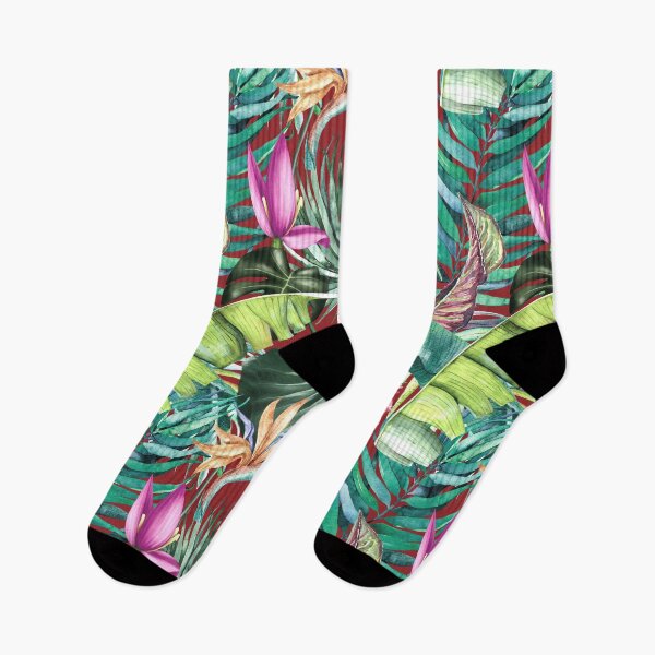 Item preview, Exotic tropical blooming forest, leaves and flowers tropical pattern, botanical illustration, red floral illustration   designed and sold by ZeinabTaha.