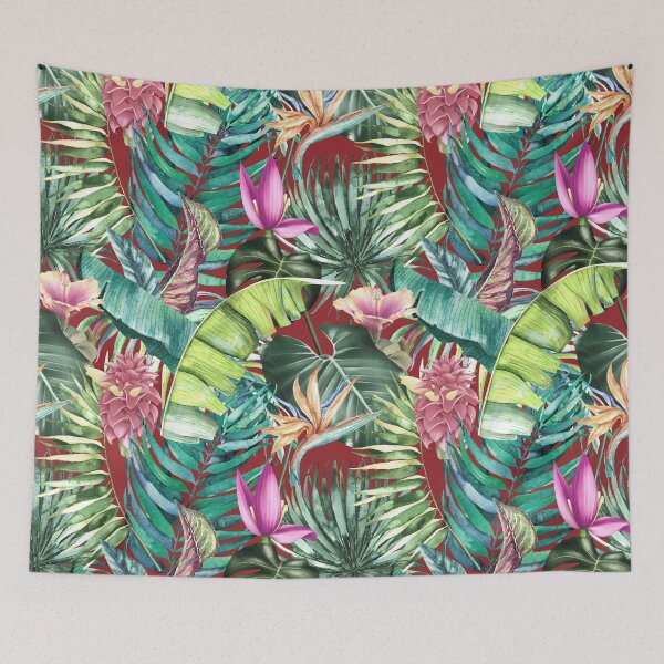 Item preview, Exotic tropical blooming forest, leaves and flowers tropical pattern, botanical illustration, red floral illustration   designed and sold by ZeinabTaha.