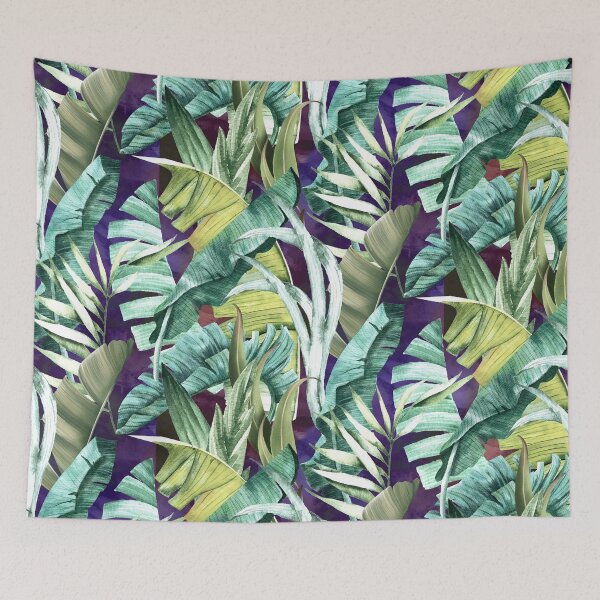 Item preview, Exotic tropical green foliage forest, leaves and flowers tropical pattern, botanical illustration, blue purple plants illustration   designed and sold by ZeinabTaha.