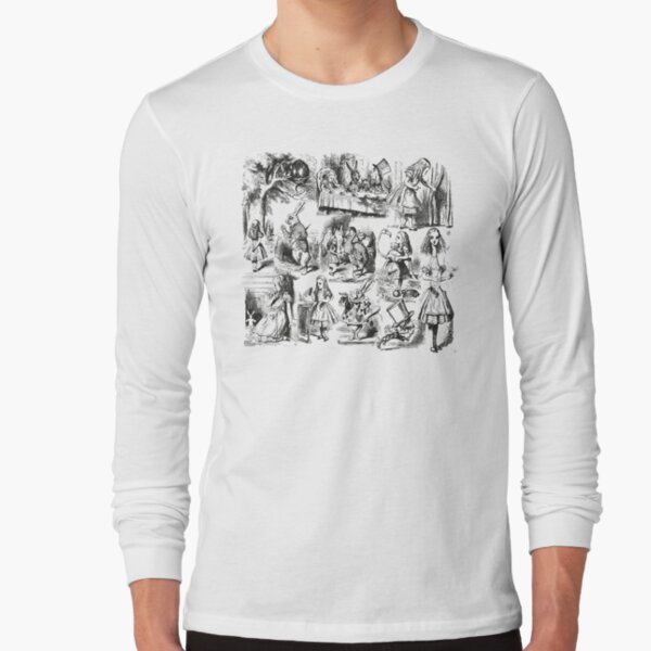 Alice in Wonderland Pattern | Toile de Jouy | Toile Pattern | Beige and Black | Vintage Alice | Patterns | Long Sleeve T-Shirt