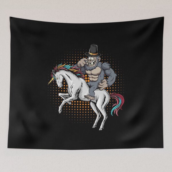 Item preview, Bigfoot riding Magical Unicorn and wearing hat thanksgiving  designed and sold by Mac Store.