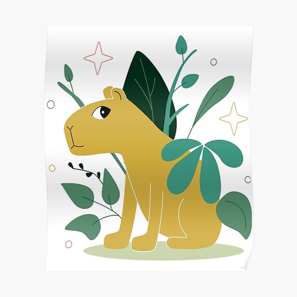 capybara sits in the leaves of the grass in the jungle Poster
