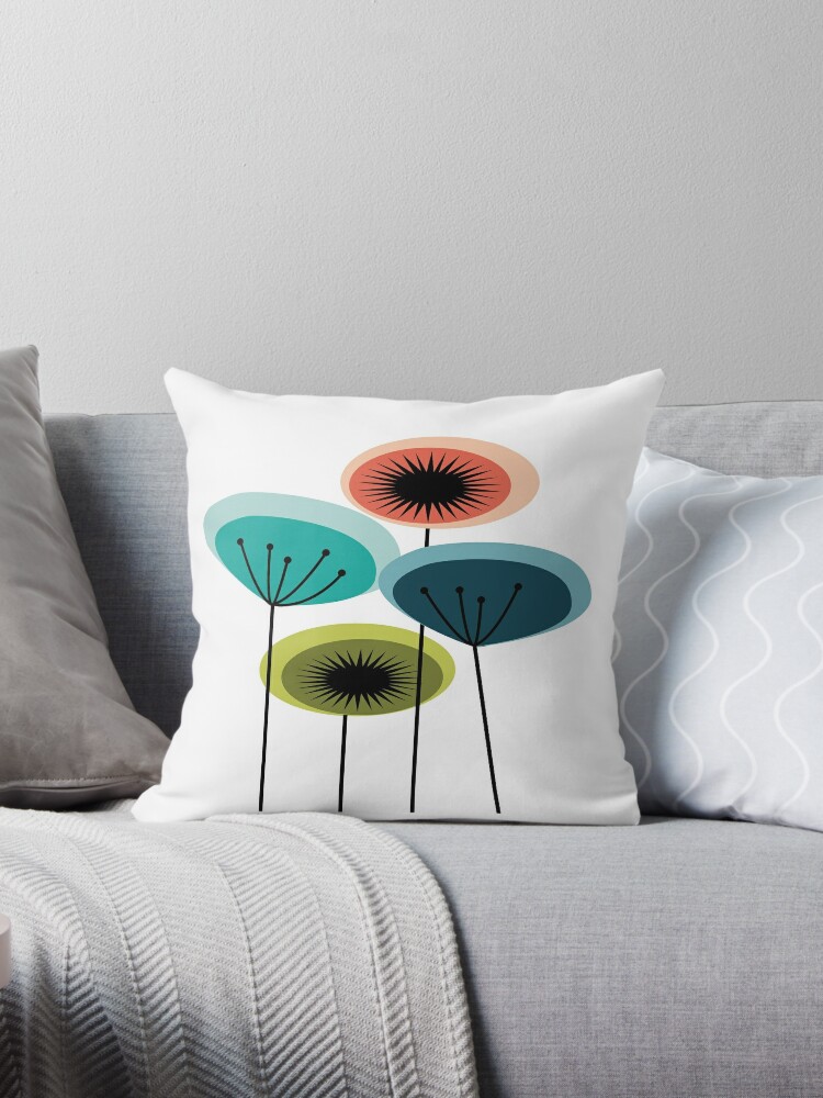 Flowers Mid Century Throw Pillow By Flashkickdecor Redbubble