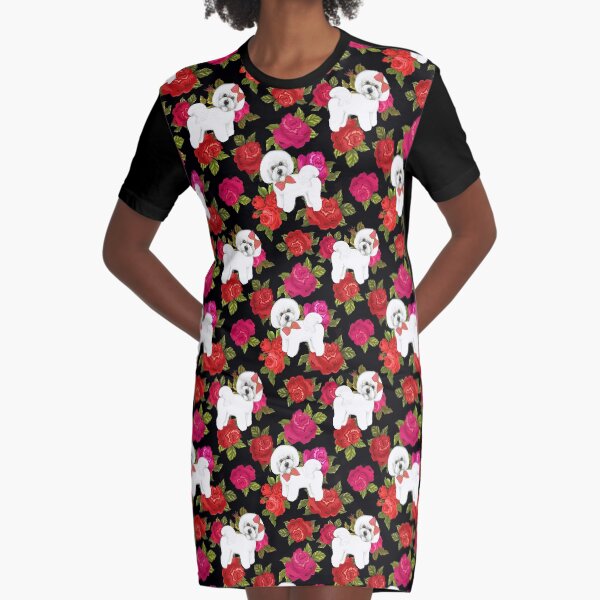 Bichon Frise Red rose, Pink rose Floral Graphic T-Shirt Dress
