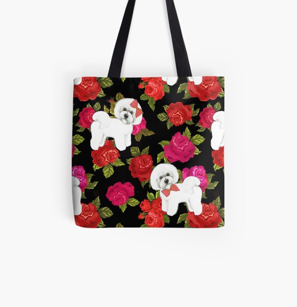 Bichon Frise Red rose, Pink rose Floral All Over Print Tote Bag