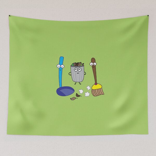 Item preview, cute broom dustpan and trash bin designed and sold by wordspotrayal.