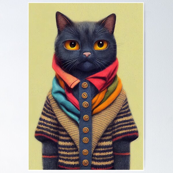 Item preview, Serious Cat Wearing a Colorful Cardigan in Front of a Yellow Wall designed and sold by HipsterCaracal.