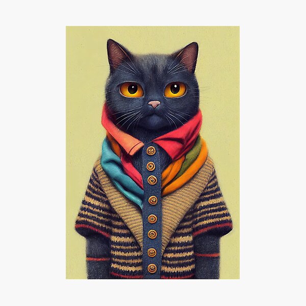 Item preview, Serious Cat Wearing a Colorful Cardigan in Front of a Yellow Wall designed and sold by HipsterCaracal.