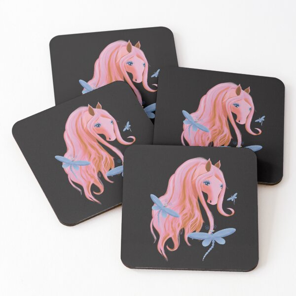 Item preview, Colorful pink Horse with blue flying Dragonflies designed and sold by cuteunicornshop.