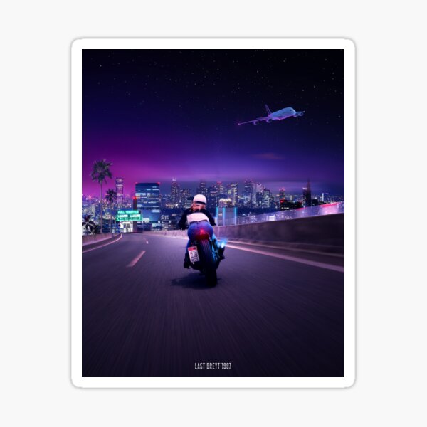 Biker runs through the Tokyo highway outrun synthwave Sticker
