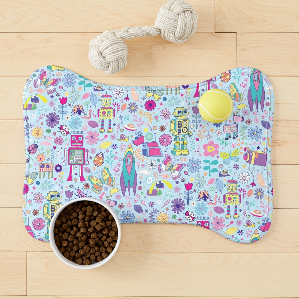 Electric Dreams - fun floral robot pattern by Cecca Designs Pet Mat