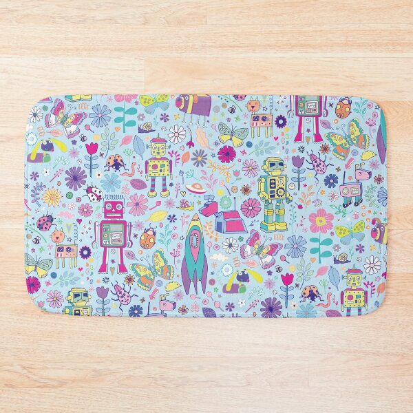Electric Dreams - fun floral robot pattern by Cecca Designs Bath Mat
