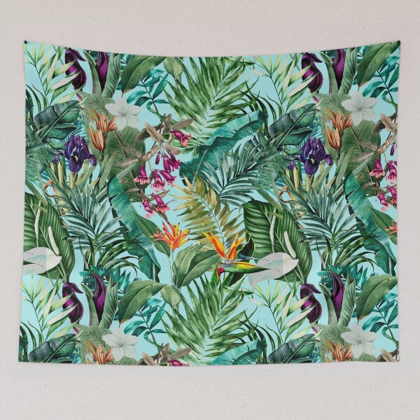 Item preview, Exotic tropical blooming foliage, leaves and flowers tropical pattern, botanical illustration, blue floral illustration   designed and sold by ZeinabTaha.