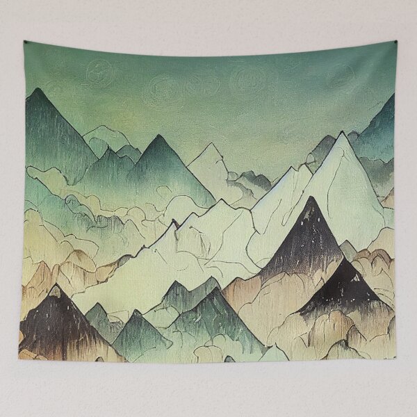 Item preview, Mountain morning 2d painting with ink outline designed and sold by UnlockingDesign.