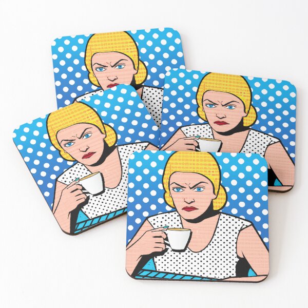 Item preview, Fed-Up and Pissed-Off Blonde Has a Coffee and Contemplates Overthrowing the Patriarchy. Presented in the pop-art style of Roy Lichtenstein designed and sold by Bookwyrm-Bazaar.
