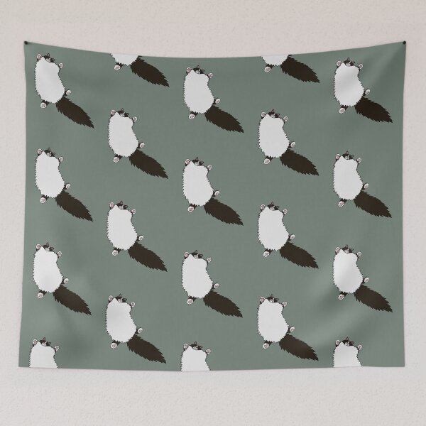 Item preview, Fluffy White & Black Tuxedo Cat Stretch - Smoke Grey designed and sold by EcoElsa.
