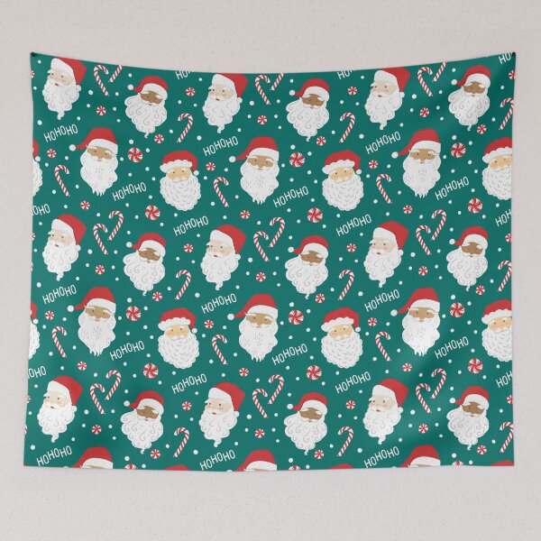 Item preview, Peppermint Santas on Vivid Teal designed and sold by latheandquill.