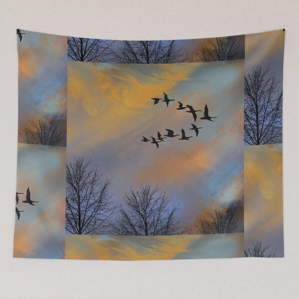 Item preview, Burning Sky 3 - Dusk Sunset with flying Geese & trees - Throw Pillows & Prints.  designed and sold by ScatterHub.