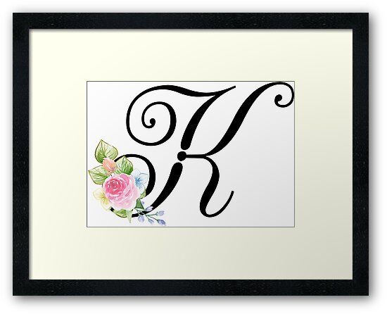 Floral Monogram Fancy Script Letter K Framed Prints By Grafixmom