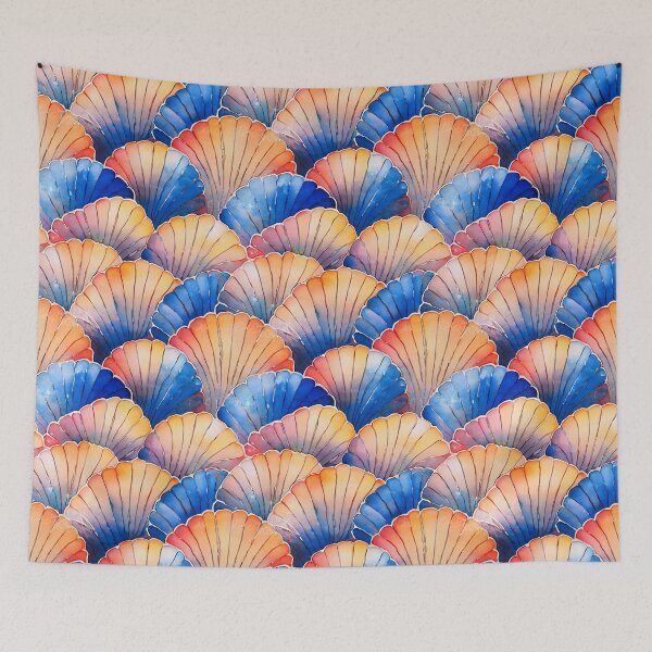 Item preview, Blue and Orange  Scallop Shells Watercolor Design designed and sold by ClairesPatterns.