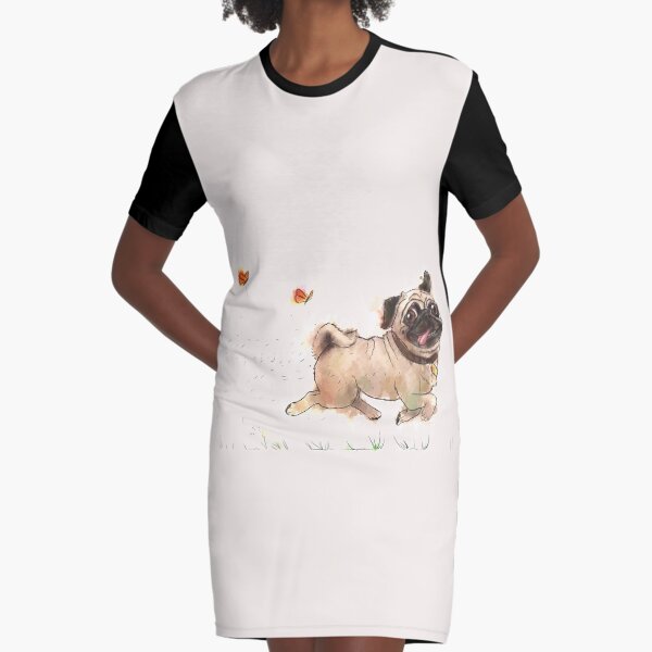 The Furminator Pug Watercolor Design in Beige Color Graphic T-Shirt Dress