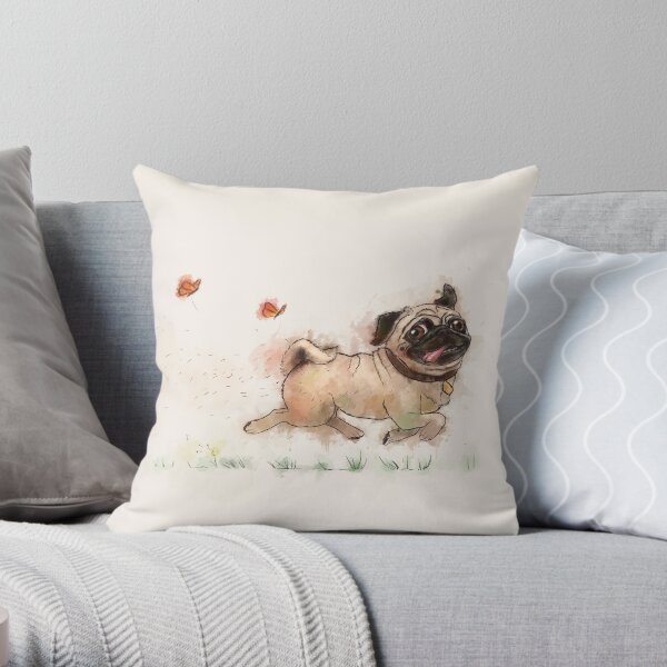The Furminator Pug Watercolor Design in Beige Color Throw Pillow