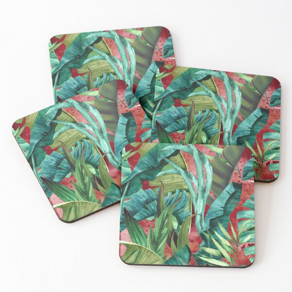 Item preview, Exotic tropical green foliage forest, leaves and flowers tropical pattern, botanical illustration, red plants illustration   designed and sold by ZeinabTaha.