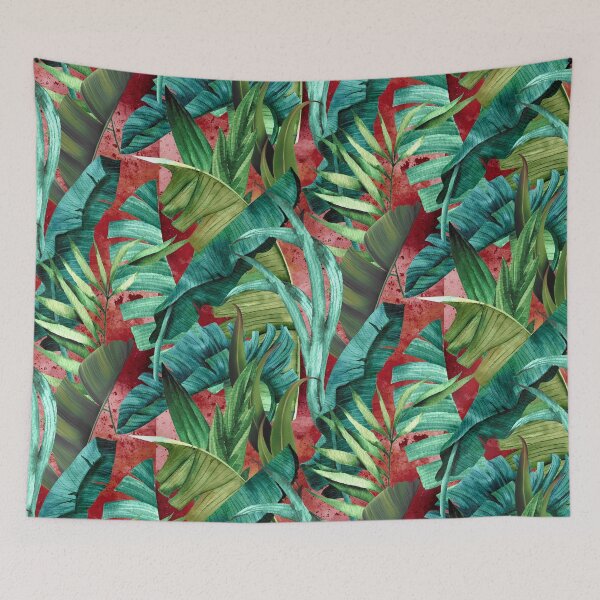 Item preview, Exotic tropical green foliage forest, leaves and flowers tropical pattern, botanical illustration, red plants illustration   designed and sold by ZeinabTaha.